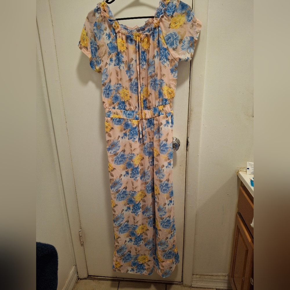 SHEIN Floral Off-Shoulder Jumpsuit in Cream, Blue, and Yellow